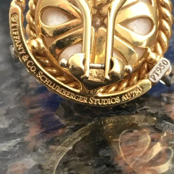 Tiffany & Co. 18K Yellow Gold Platinum Schlumberger Mabe Pearl Diamond Earrings - Picture 4 of 6